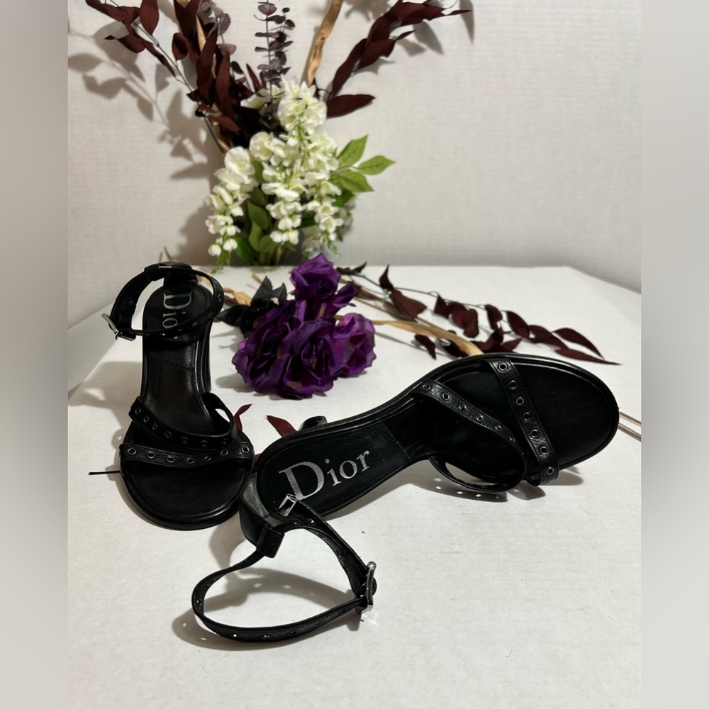 CHRISTIAN DIOR Size US 9/ EU 39.5 Black Grommets Leather Ankle Strap Sandals
